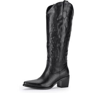 Women Faux Leather Black Embroidered Knee High Pointed Toe Chunky Heel Boot